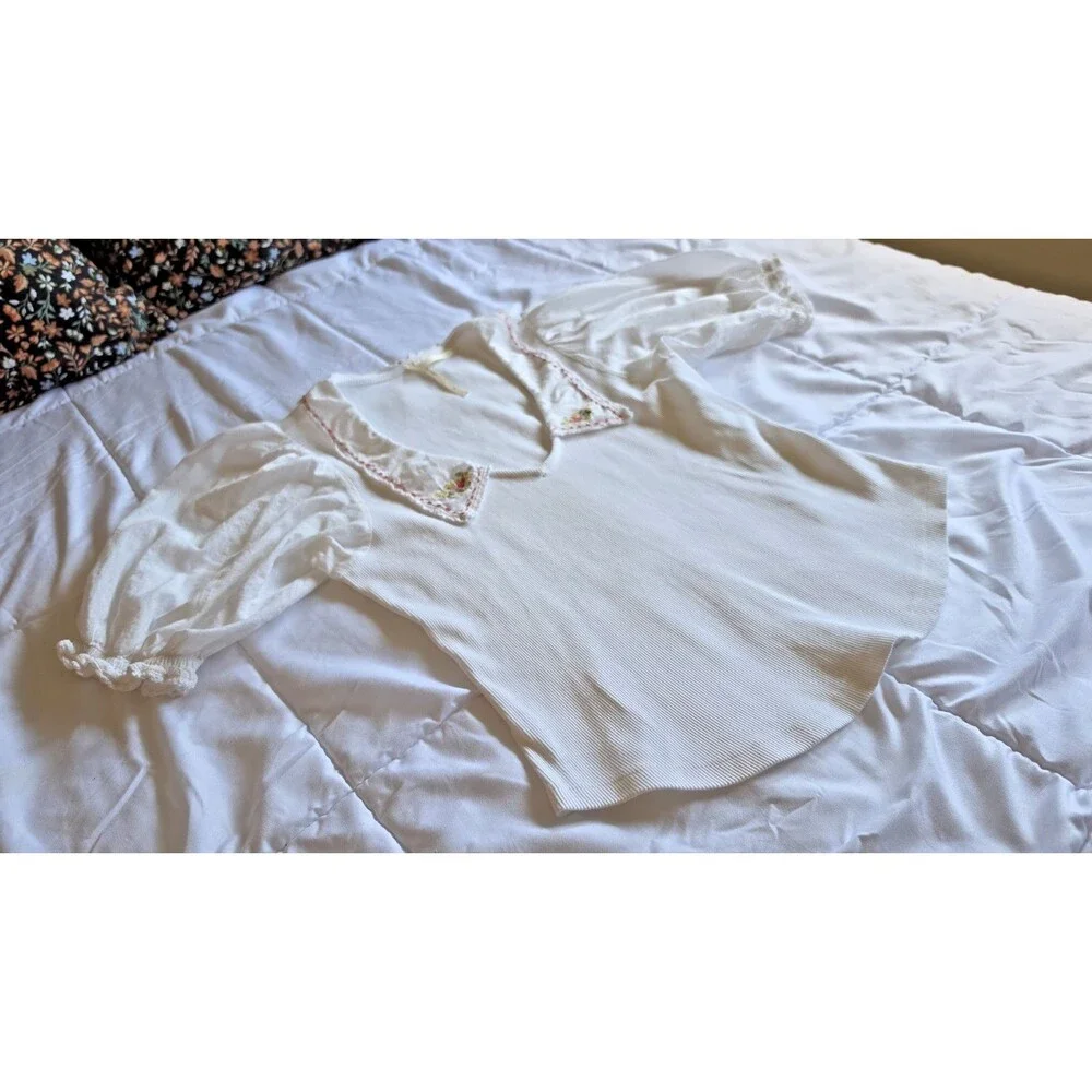 Anthropologie Floral Embroidered Collar Puff Sleeve Boho White Top Sz S